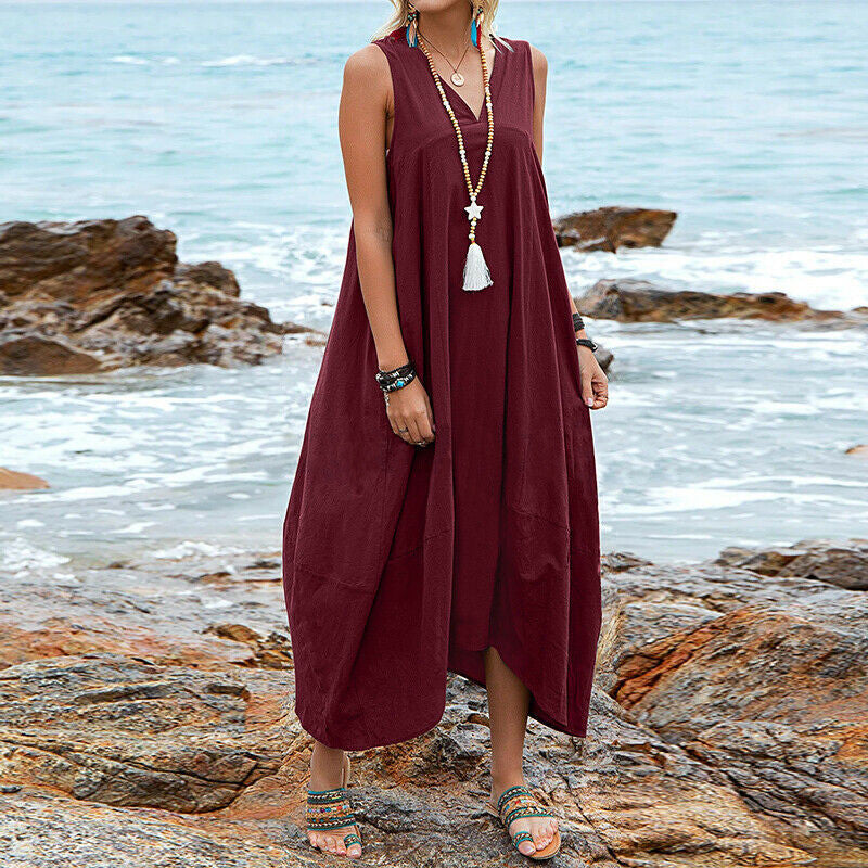 Cotton And Linen V-neck Pocket Casual Dress