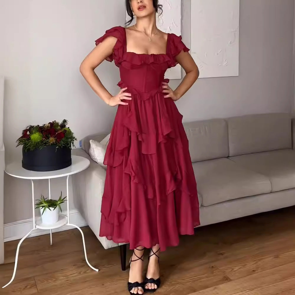 Holiday Ruffled Short-sleeved Dress Backless Square Neck Long Dresses For Party Womens Clothing