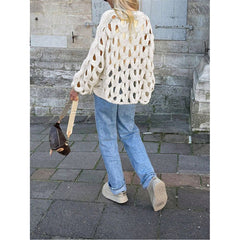 Womens Sweaters Crewneck Elegant Soft Long Sleeve Hollow Out Crochet Knit Pullover Tops