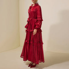 Ruffled Panel Long-Sleeve Elegant Chiffon Dress