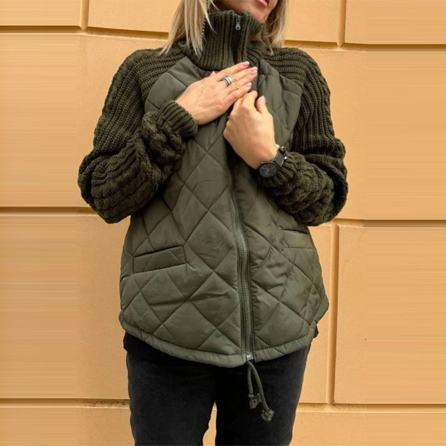 Stand Collar Cotton Jacket With Pockets Knitted Stitching Zipper Coat Warm Tops For Clothing
