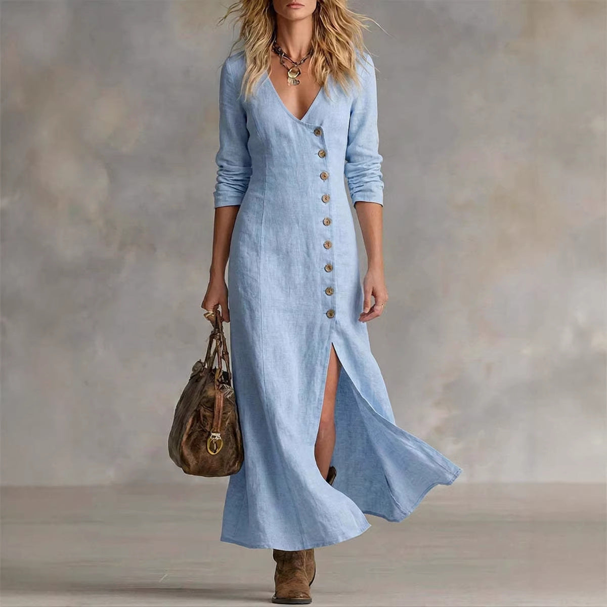 Casual Cotton-Linen Long-Sleeve Womens Dress