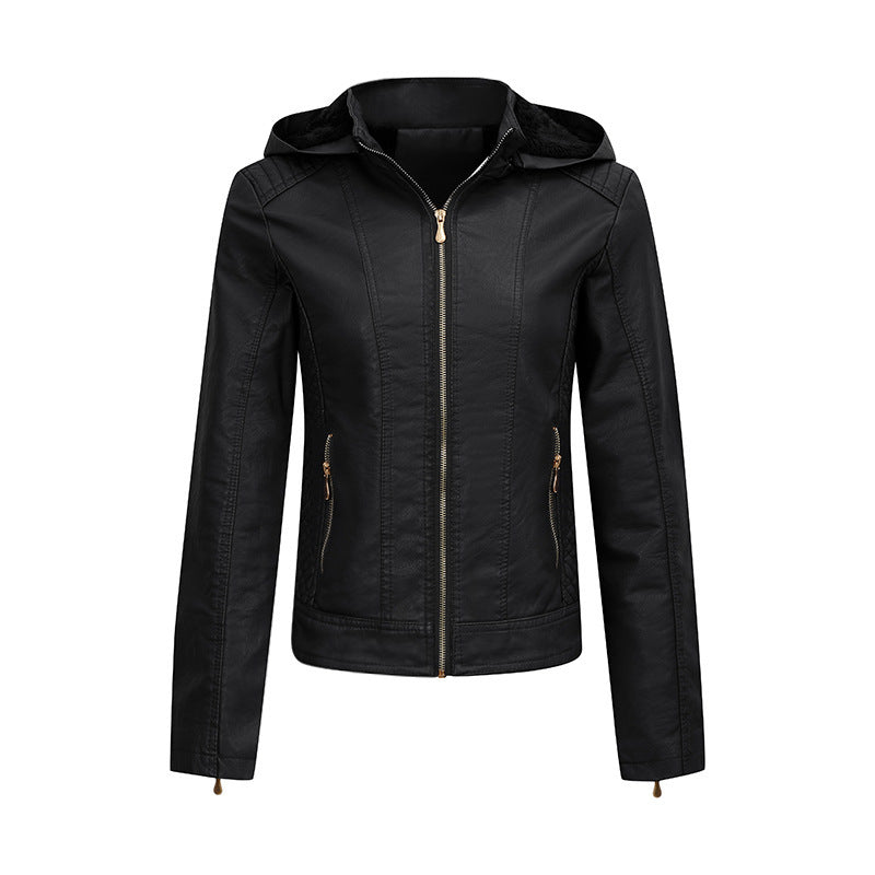 Plush Thickened Hooded Coat Slim Zipper Leather Jacket With Pockets Long Sleeve Outwear Tops For Womens Clothing