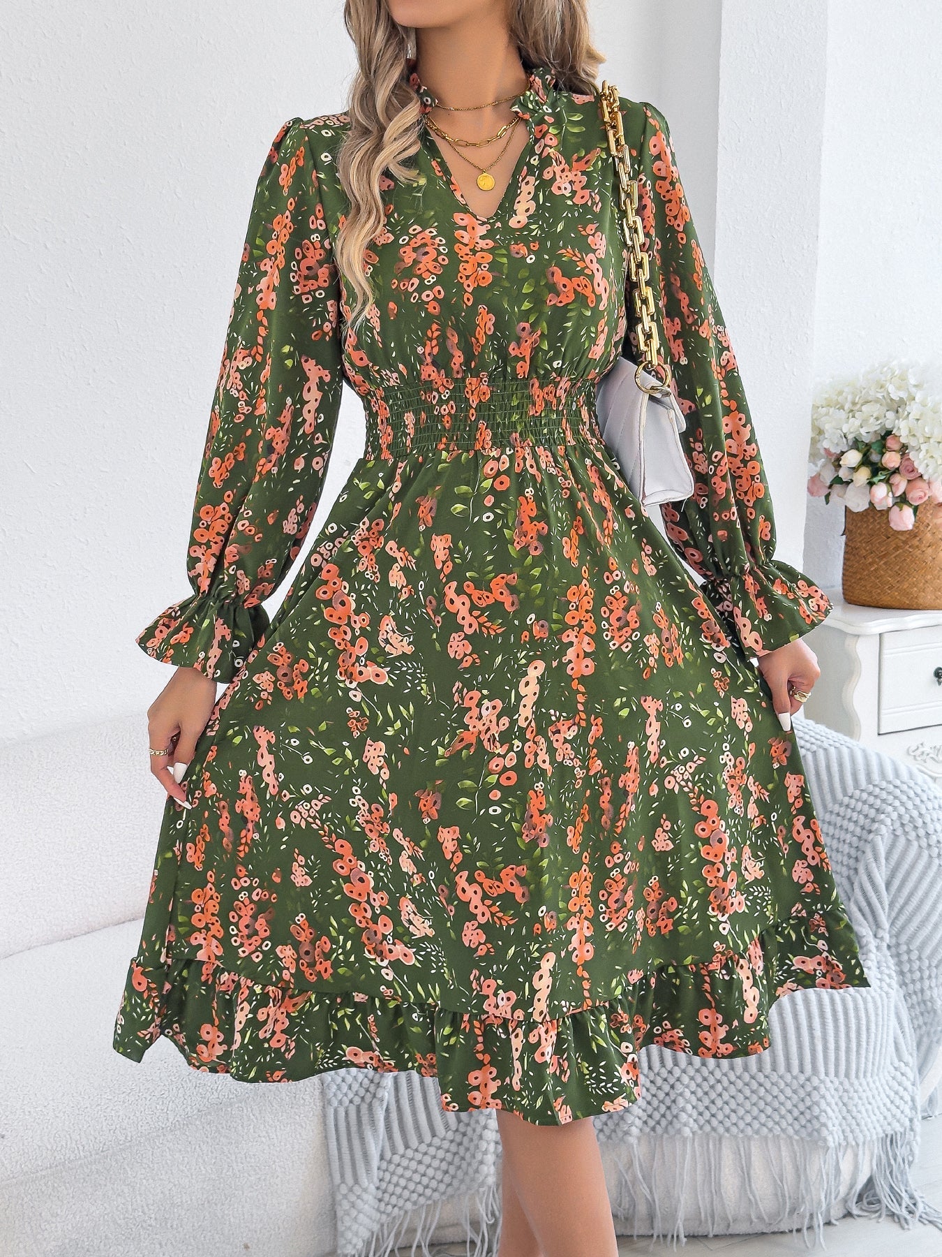 Casual Floral Print Bell Sleeve Tie Waist A-Line Dress