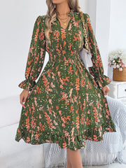 Casual Floral Print Bell Sleeve Tie Waist A-Line Dress