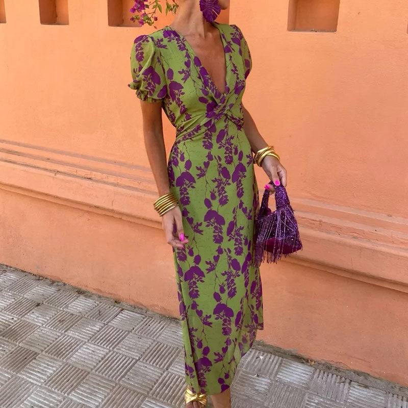 V-neck Short-sleeved Dress Flowers Printed Slim Beach Dresses For Clothing
