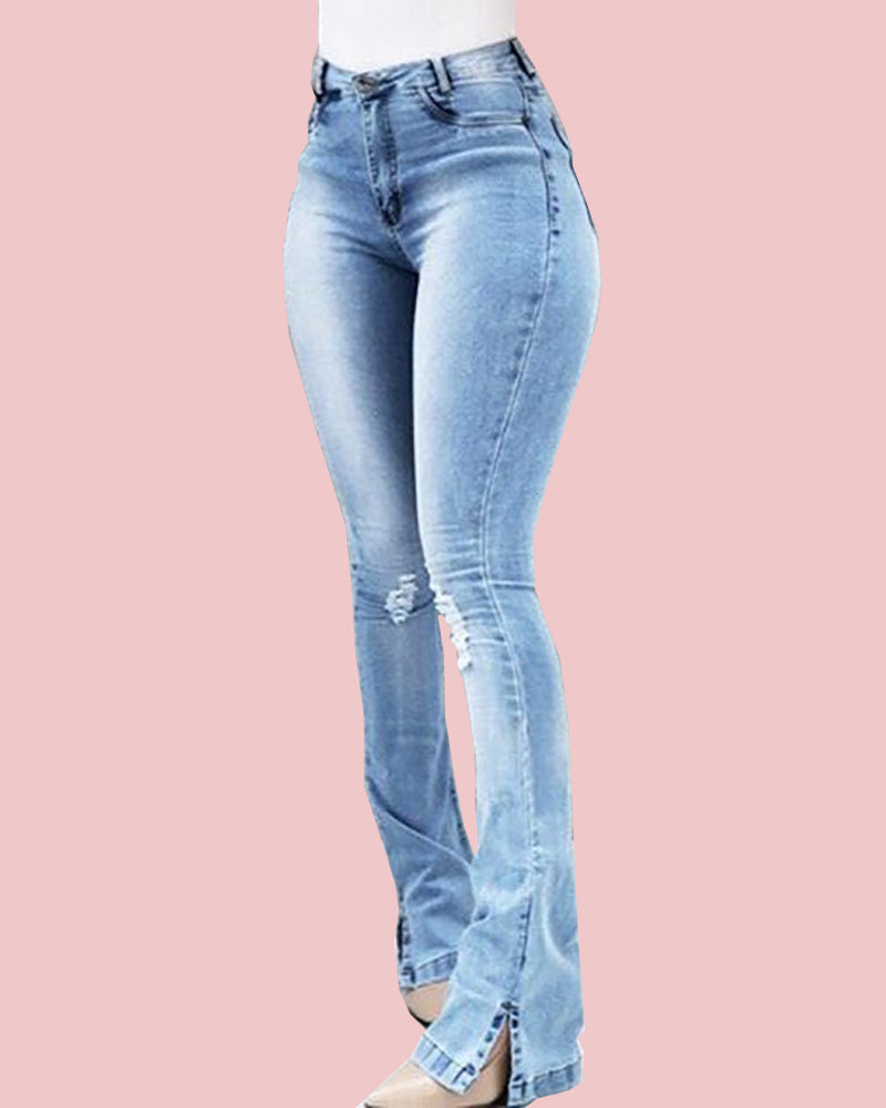 Elastic Slit Flared High Waist Jeans Trousers