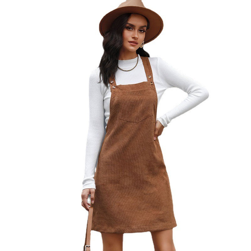 And Cross-border Design Retro Corduroy A- Line Strap Dress