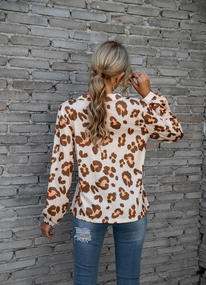 Leopard Print V-neck T-shirt Loose Long Sleeve Tops For Clothing