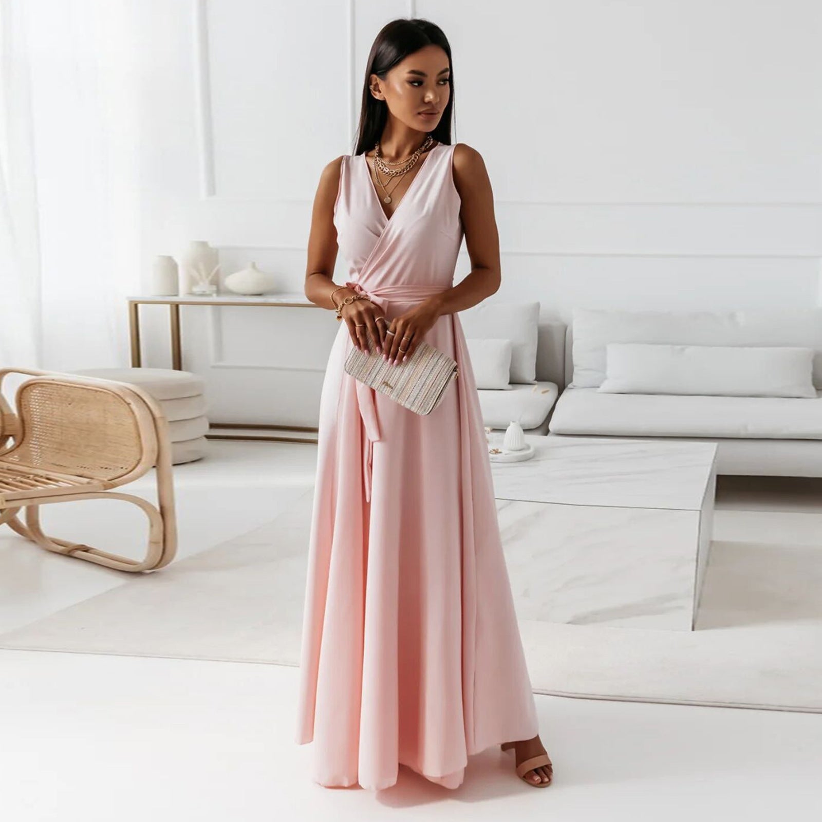 V-neck Sleeveless Dress With Belt Party Club Evening Maxi Dresses For Clothing