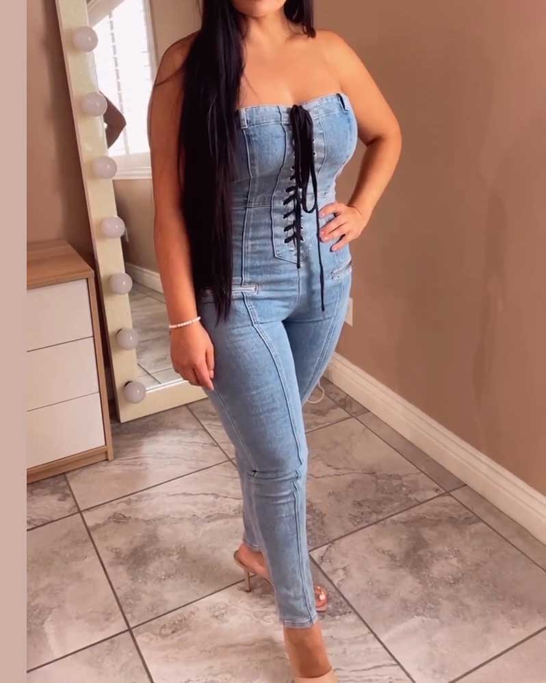 Tie Skinny Denim Jumpsuit