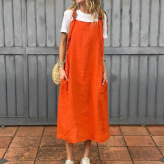 Adjustable Shoulder Strap Casual Cotton And Linen Dress