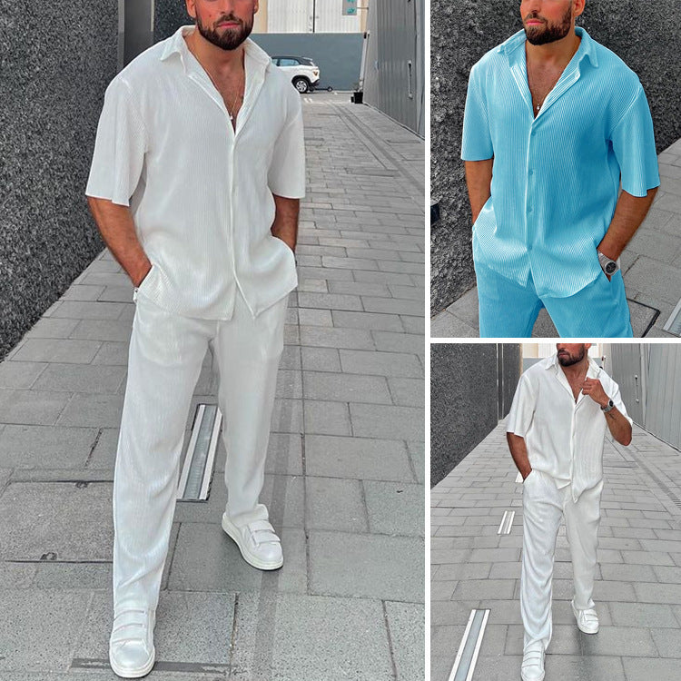 Leisure Loose Beachwear Solid Color Striped Short Sleeve Suit Southeast Asian Men's Shirt Two-piece Set