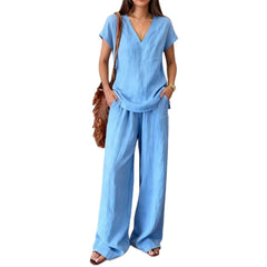 V-neck Short-sleeve T-shirt And Wide-leg Pants Womens Suit