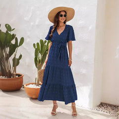 V-neck Short Sleeve Dress Fur-ball Design Tied High Waist Long Long Dresses