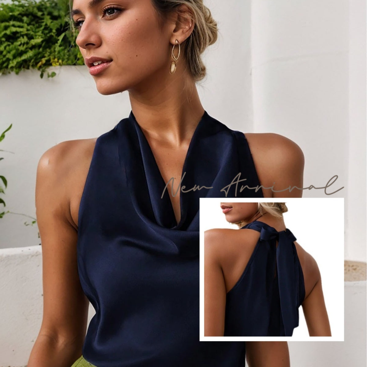 Solid Color Swing Collar Sleeveless Vest Trendy Elegant Shirt With Halter Neckline Backless Short Sleeve Tops Tshirts