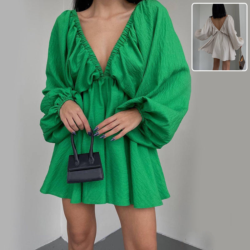 V-Neck Lantern Sleeve Dress â€?Loose Fit Long Sleeve Casual Dress
