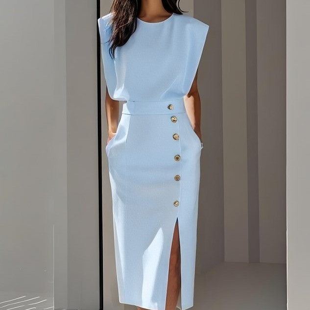 Split Metal Button Dress Women