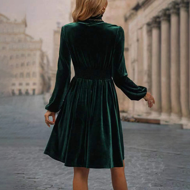 Mock Neck Velvet Midi Dress, Smocked Waist Long Sleeve Casual Dress