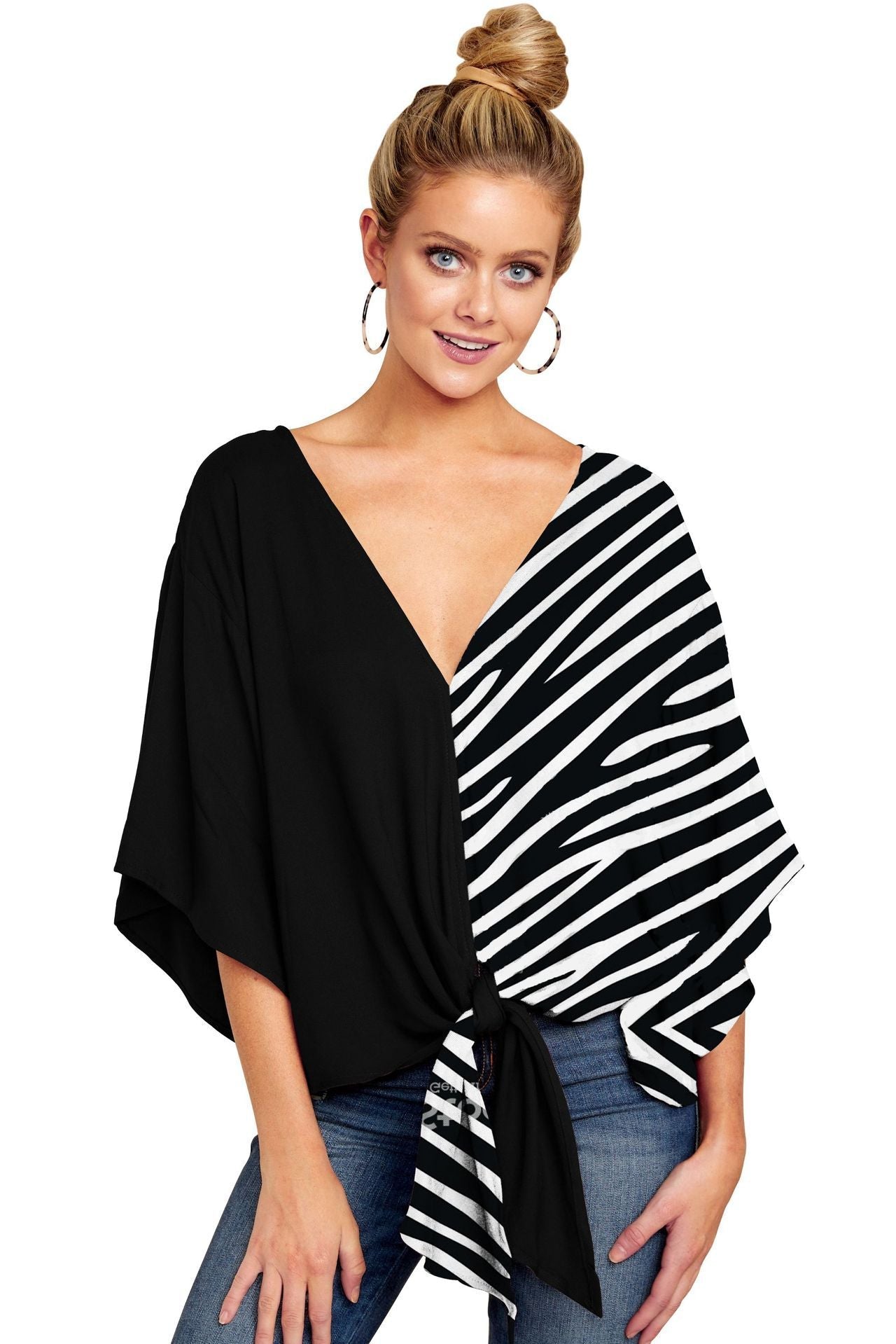 V Neck Blouse Leopard Print Shirts Floral Tie Front Blouses Batwing Oversize Ladies Tops