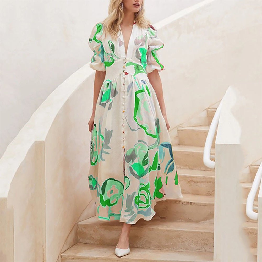 Print Dresses For V-neck Button Short Sleeve Dress