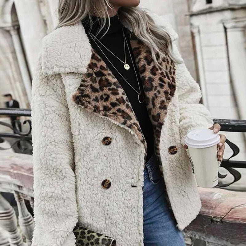 Clothing Leopard Splicing Plush Long Sleeve Coat