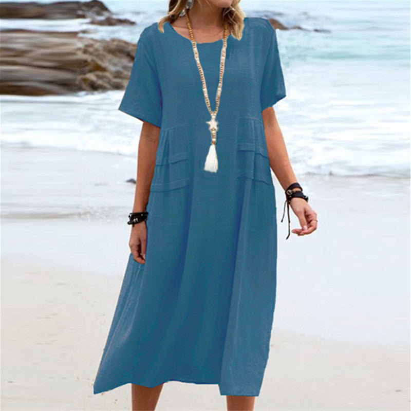 Cotton Linen Midi Dress â€?Loose Fit, Breathable, Casual Beach Style