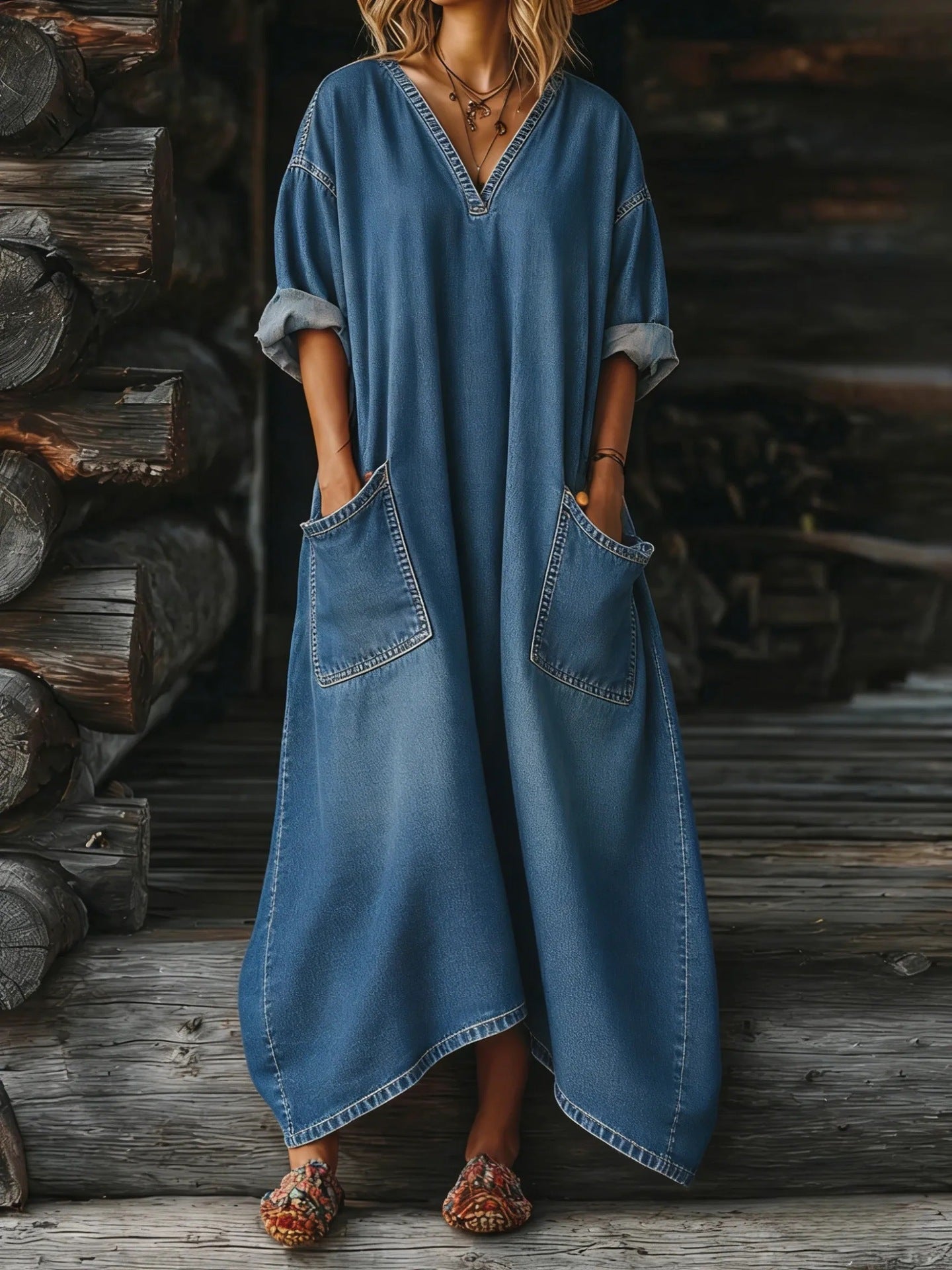 Casual Loose-fit Midi Denim Dress