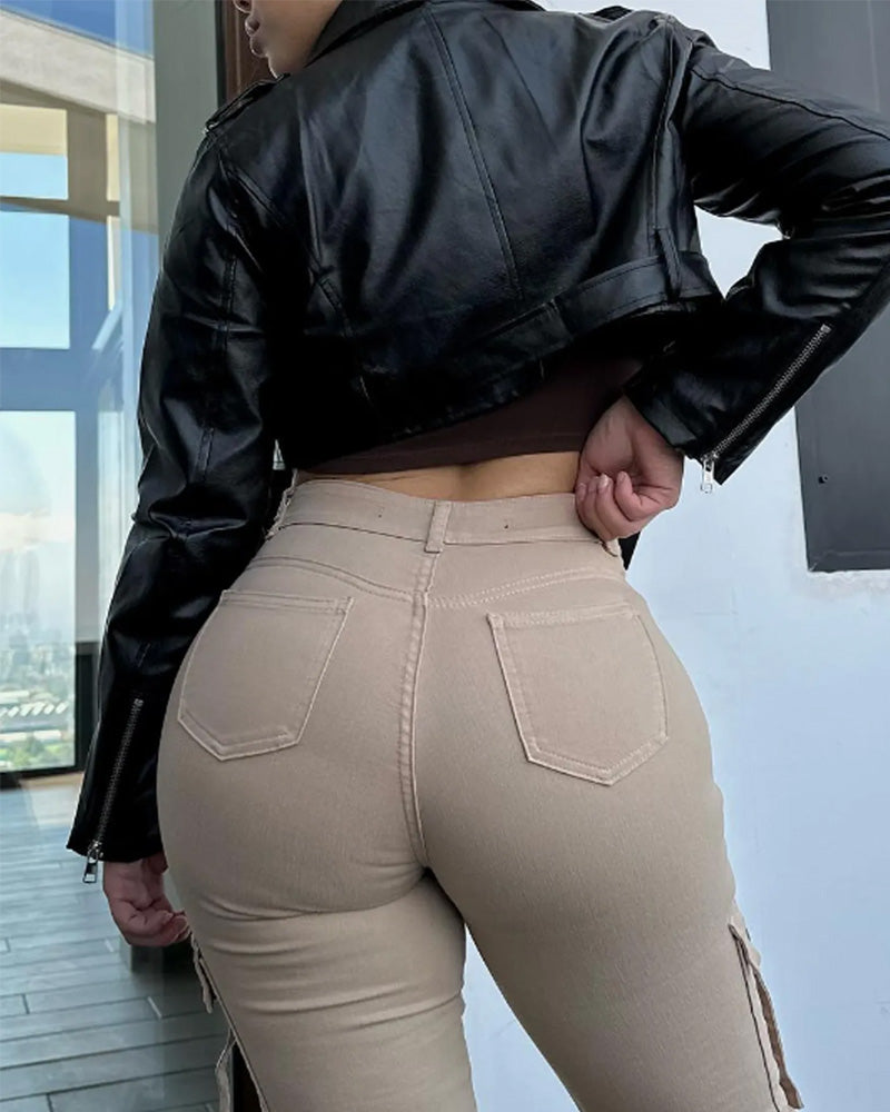 High Waist Cargo Jeans Flap Pocket Wide Leg Denim Pants