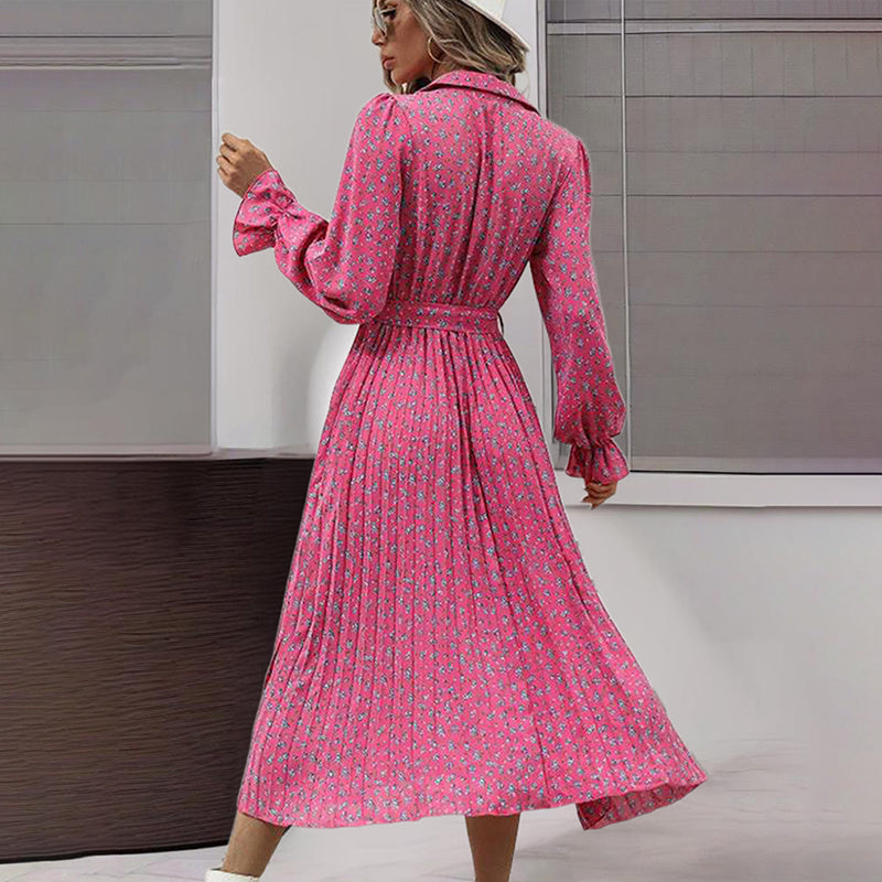 Long Sleeve V Neck Button Down Belted A-Line Flowy Midi Shirt Dress