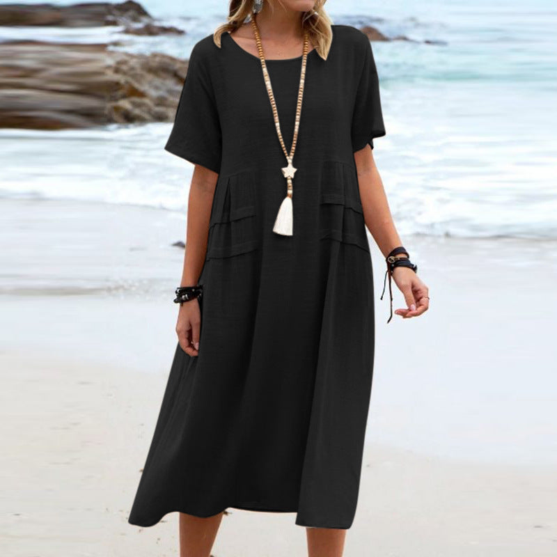 Cotton Linen Midi Dress â€?Loose Fit, Breathable, Casual Beach Style