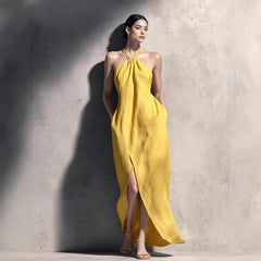 Womens Cinched Waist Side-Slit Halter Dress