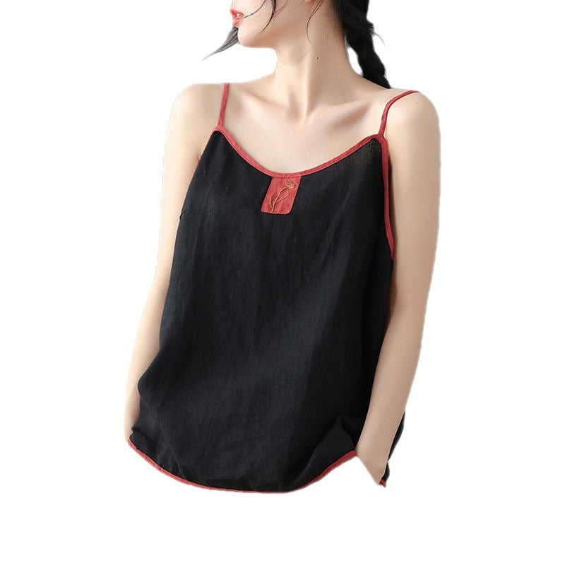 Thin Cotton Linen Top Ladies Embroidered Vest