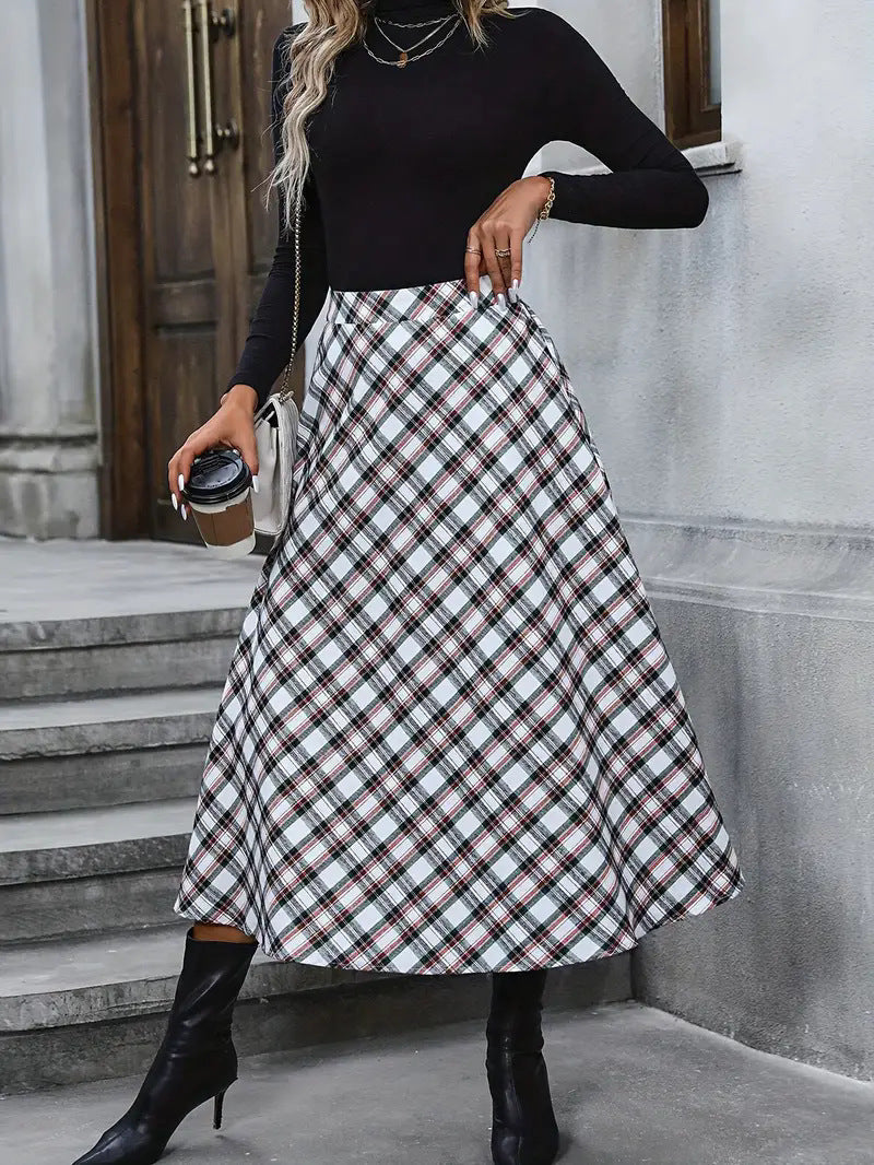 High Waist Casual Loose Plaid Midi Dress