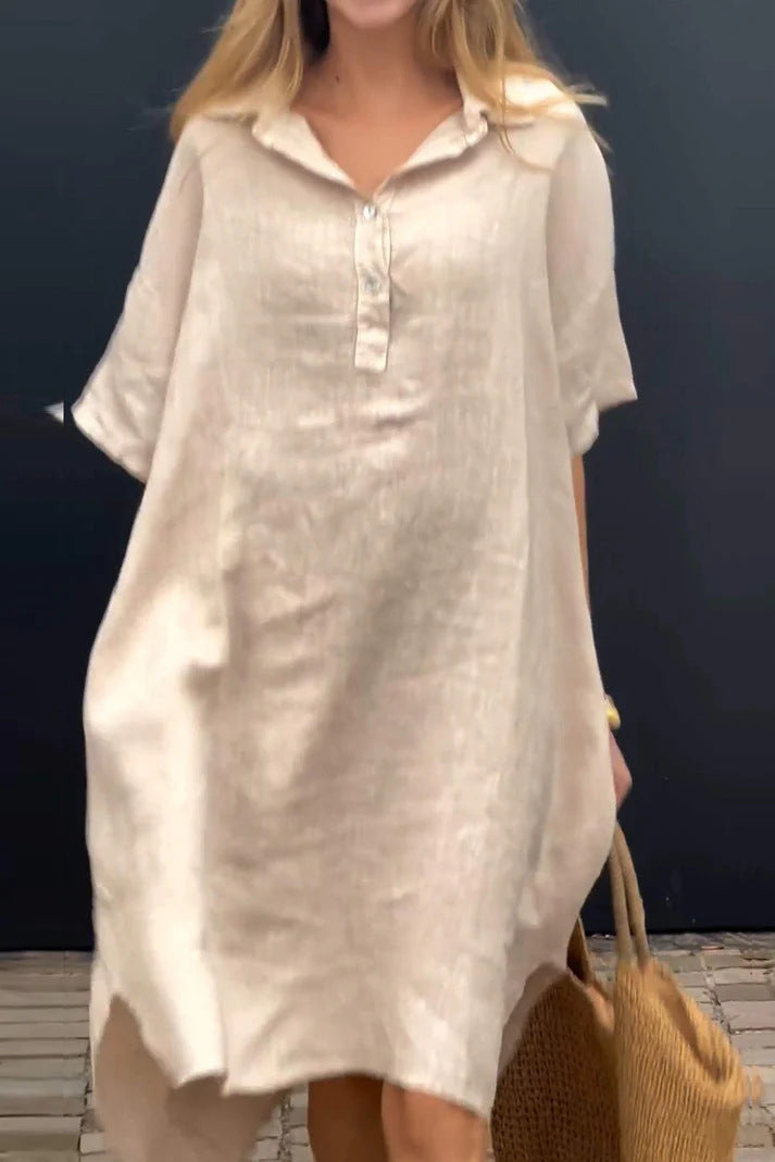Solid-color Casual Cotton-linen Long Dress With A Turn-down Collar And Buttons