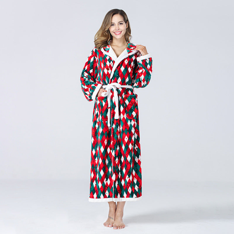 Christmas Sleepwear Fleece Hooded Bathrobe Plush Long Robe Winter