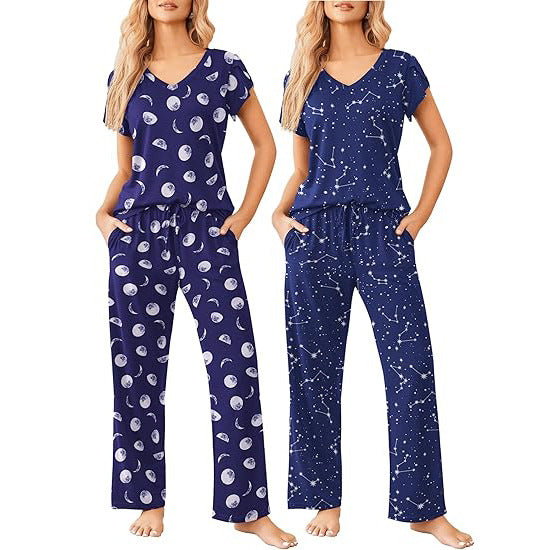 Home Wear Short-Sleeve Long-Pants Printed Set