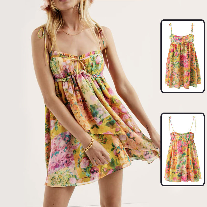 Y2K Flowers Print Suspender Dress Ruffled Holiday Beach Short Dresses Womens Clothing