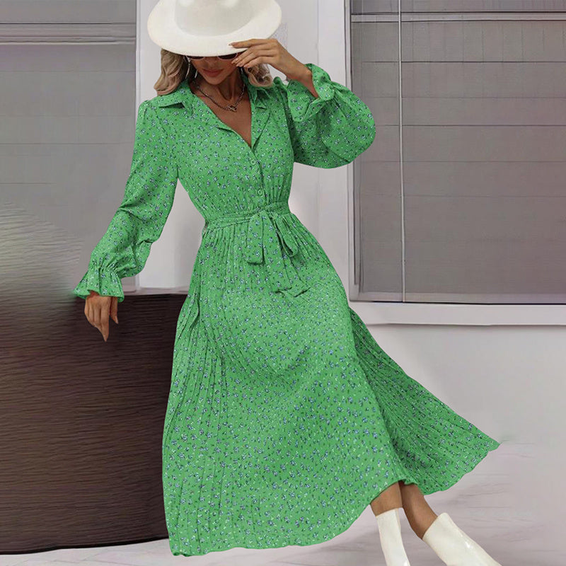 Long Sleeve V Neck Button Down Belted A-Line Flowy Midi Shirt Dress