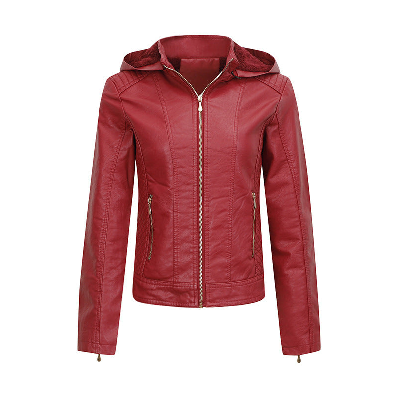 Plush Thickened Hooded Coat Slim Zipper Leather Jacket With Pockets Long Sleeve Outwear Tops For Womens Clothing