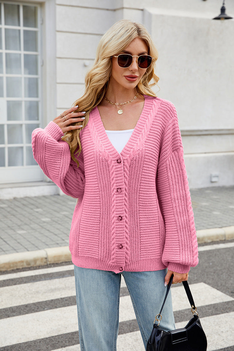 Loose Long-sleeved V-neck Twisted Knitted Sweater Coat