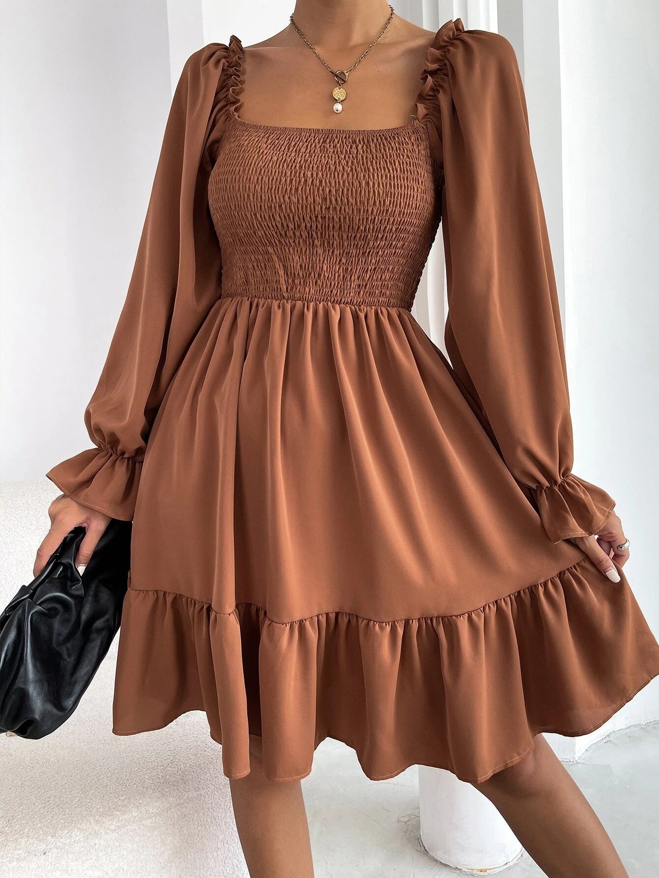 Flared Long Sleeve Dresses Square Neck Ruffled Swing Dress