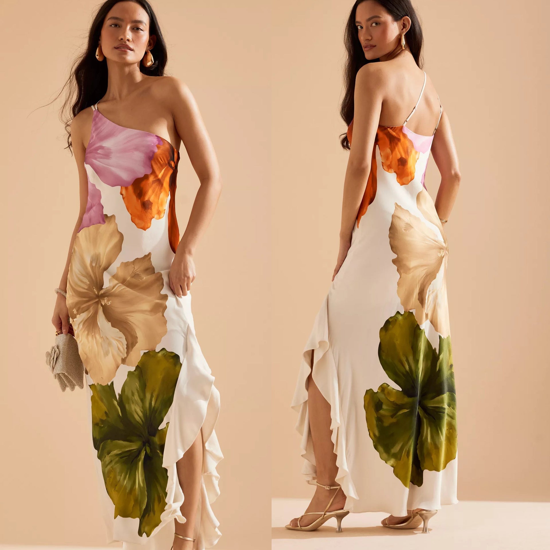 Spring And Oblique Shoulder Positioning Printing Female Dress