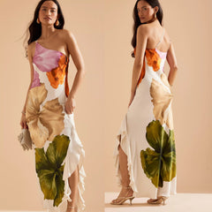 Spring And Oblique Shoulder Positioning Printing Female Dress