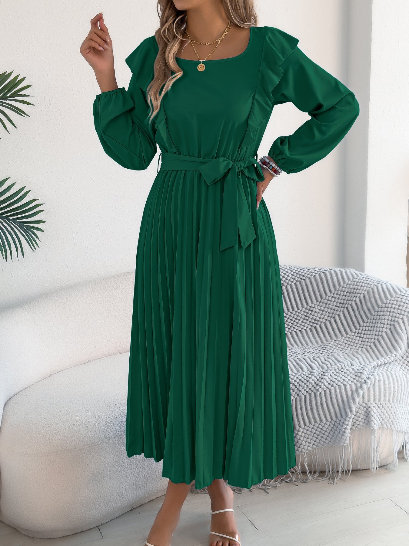 Elegant Ruffle Trim Square Neck Long Sleeve Tie Waist Pleated Dress