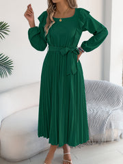 Elegant Ruffle Trim Square Neck Long Sleeve Tie Waist Pleated Dress