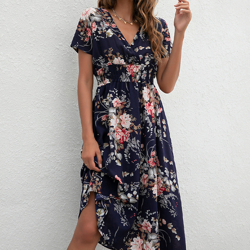 Floral Print Short Sleeved V-neck Pullover High Waisted Dress A-line Skirt Mid Length Skirt