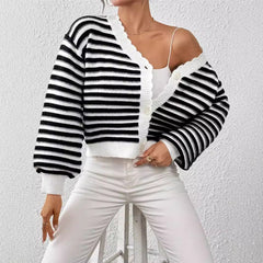 Knitted Cardigan Colorblock Sweater Coat Rainbow Striped Lantern Sleeve