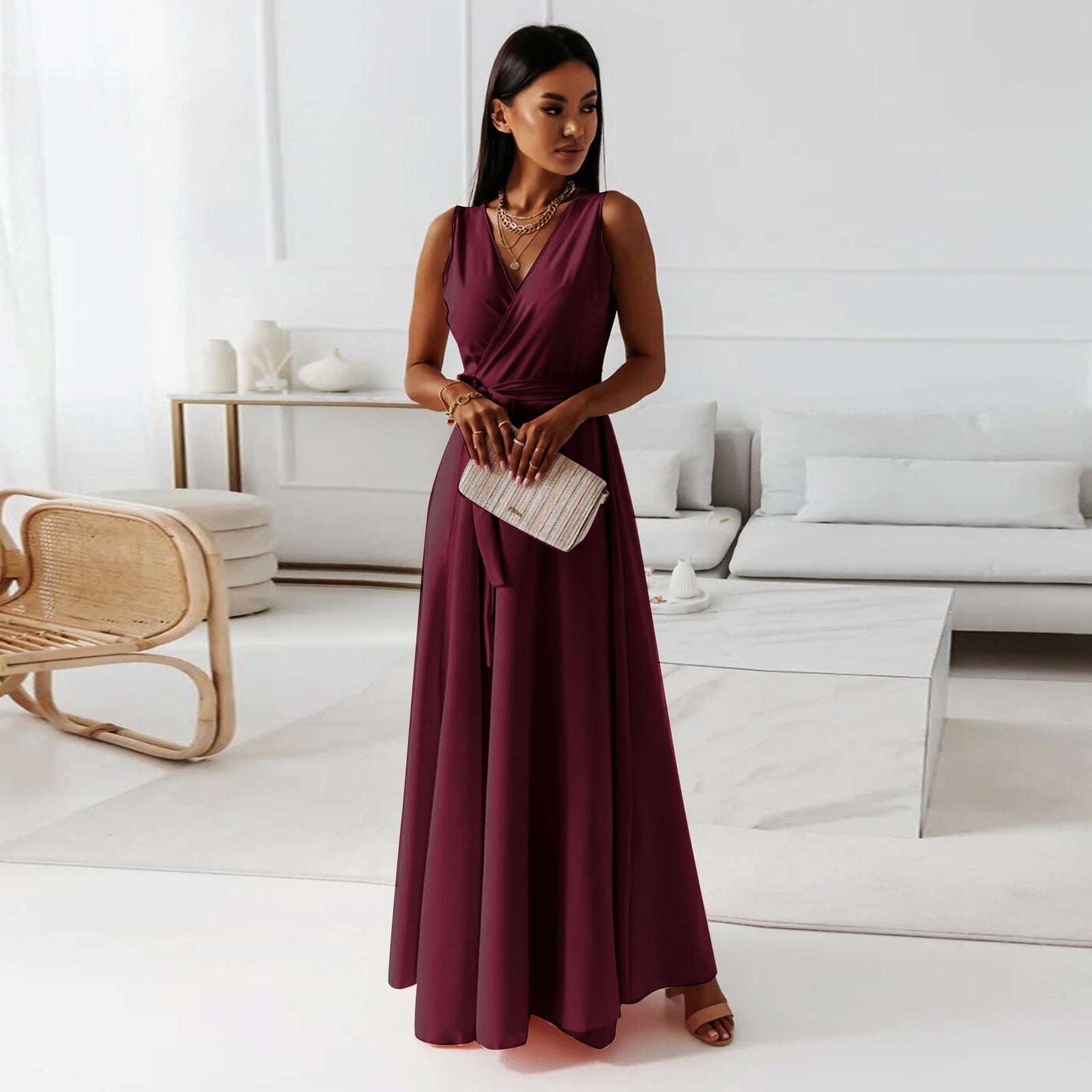 V-neck Sleeveless Dress With Belt Party Club Evening Maxi Dresses For Clothing