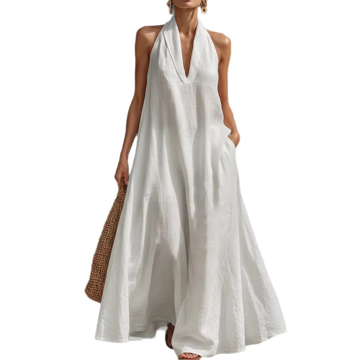 Casual Solid Color V-Neck Dress
